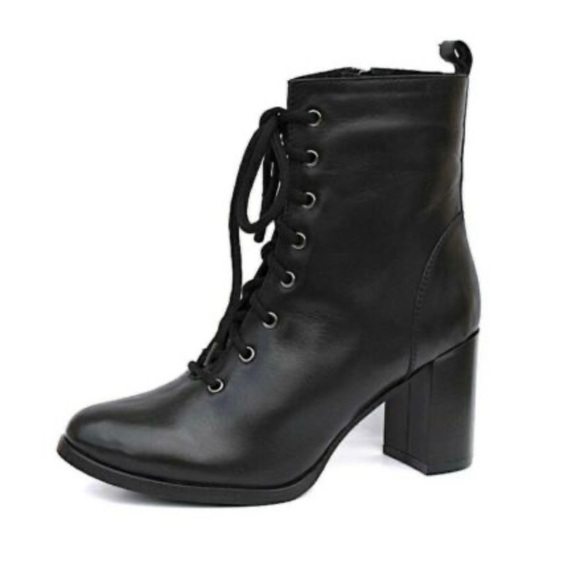 Fabianelli Womens Booties Black Leather Block Heel Zip Lace Up 8 EUR 39 - Picture 1 of 13